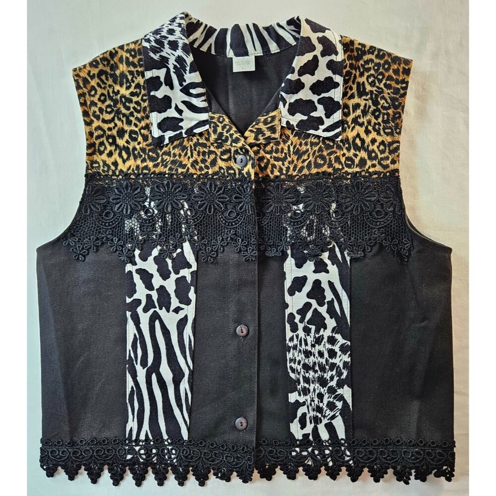 Vintage Mixed Media Womens Vest Animal Print and lace Size Medium Y2K